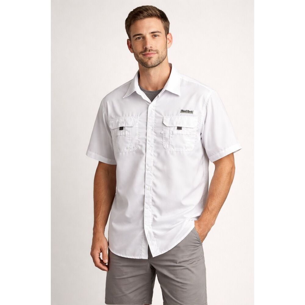 Hard Rock White Fishing Shirt Mens L Vented Button Up Lightweight